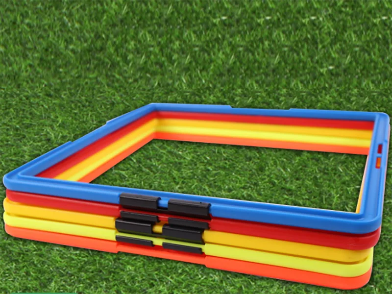 Agility training rings arranged in a hexagonal pattern for footwork drills